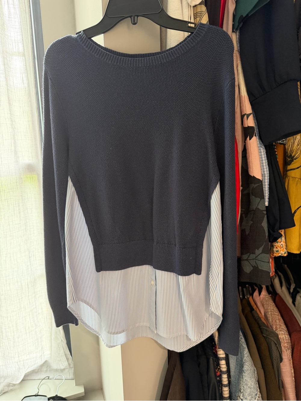 Treasure & Bond Navy Knit Scoop-Neck Sweater with Striped Shirttail